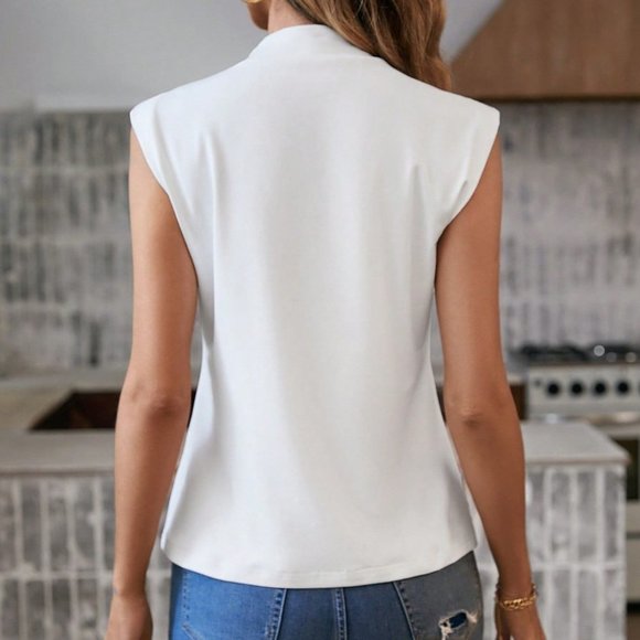 Casual Mock Neck Cap Sleeve Tee White - Picture 4 of 5